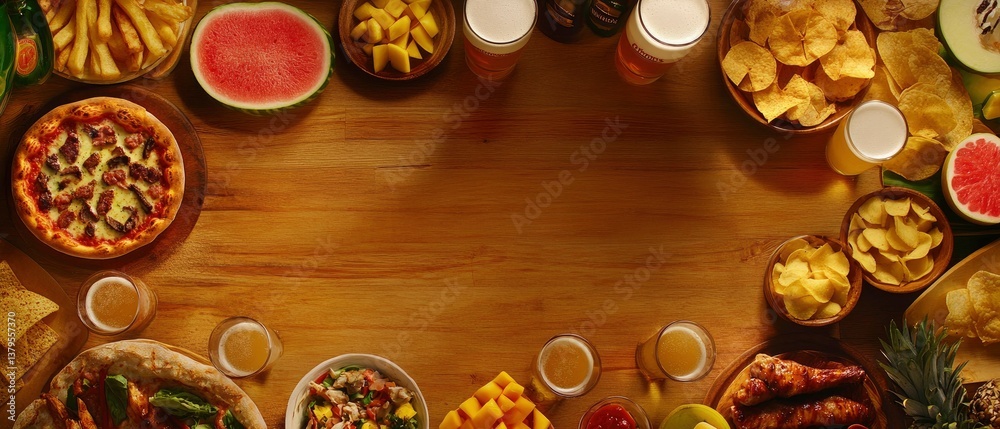 Overhead View of Delicious Food and Drink Selection on Wooden Table Overhead View of Delicious Food and Drink Selection on Wooden Table