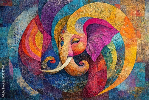 A colorful abstract painting of an elephant face in layers