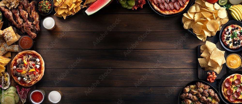 Delicious Assorted Food on Wooden Background with Pizza and Snacks Delicious Assorted Food on Wooden Background with Pizza and Snacks