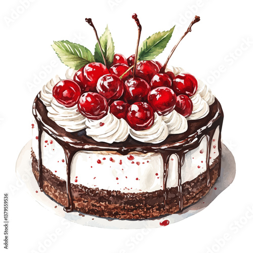 A watercolor vector illustration of Schwarzwälder Kirschtorte, isolated on a white background.

