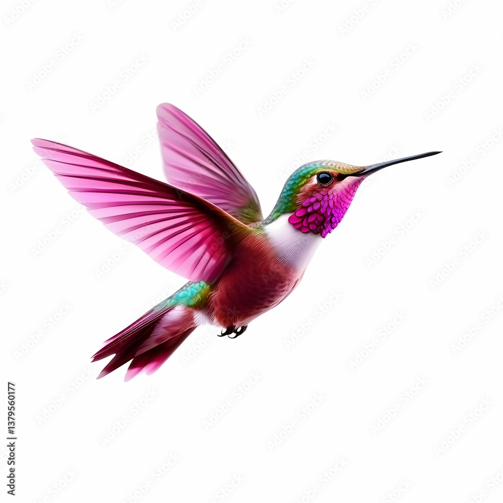 Fototapeta premium A vibrant hummingbird in mid-flight showcasing its colorful plumage against a white background.