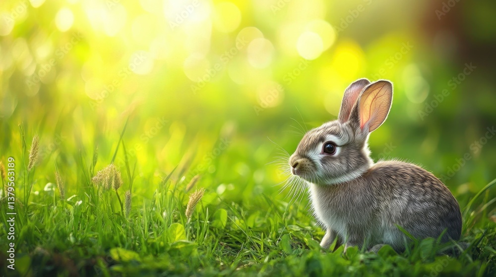 Fototapeta premium Cute Baby Rabbit Sitting in Green Grass with Sunlight Bokeh