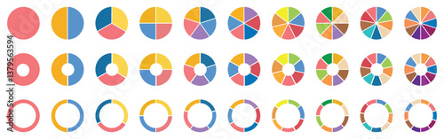 Circle pie chart diagram. Set of pie charts diagrams. Pie chart divided 2, 3, 4, 5, 6,7, 8, 9, 10,. equal parts. Circle section graph. Different color circles. Colorful diagram graphs