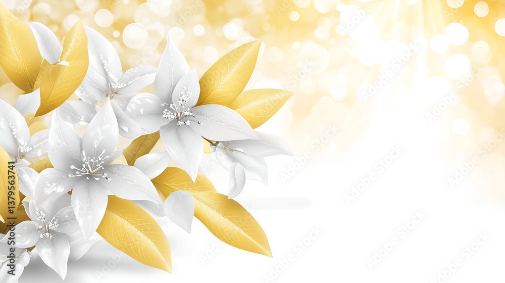 Fototapeta premium elegant white flowers with golden leaves in a sunlit setting. The petals are pristine white, the leaves are a soft gold, all set against a backdrop of soft bokeh effects