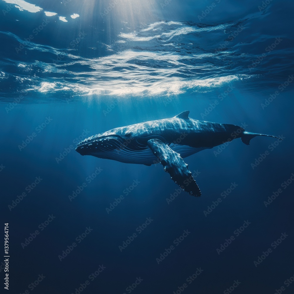 Fototapeta premium Majestic humpback whale gracefully swimming through clear ocean waters under bright sunlight and blue skies