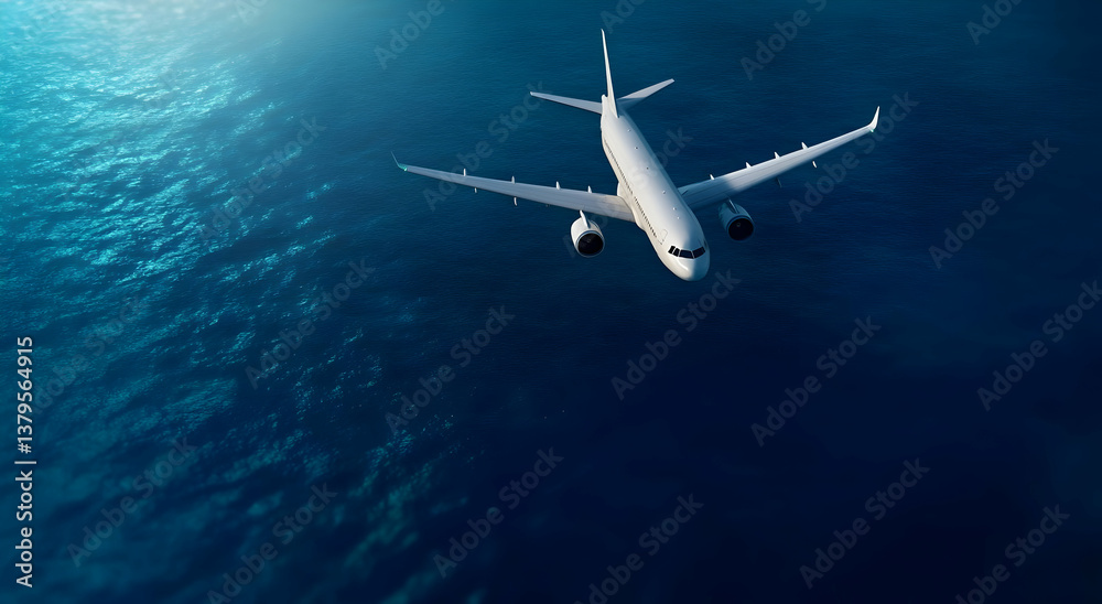 Obraz premium Aerial view of a white commercial airplane flying over clear blue ocean water, symbolizing travel and adventure in the skies.