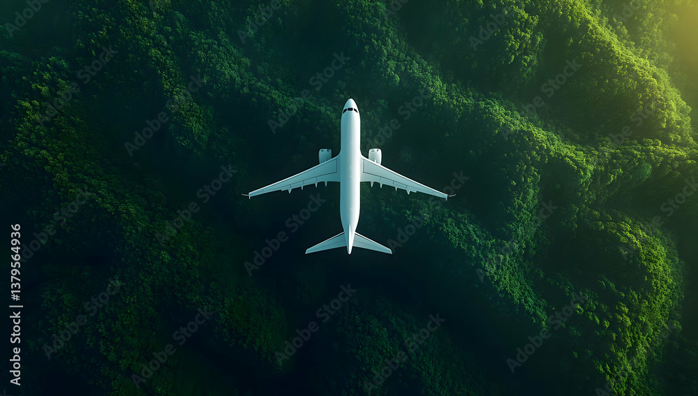Fototapeta premium Aerial view of an airplane flying over lush green hills, showcasing the beauty of nature and modern travel.