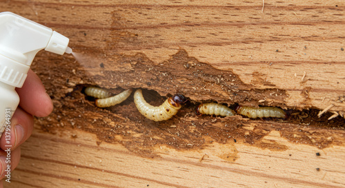 Termite treatment process showing larvae in wooden structure  