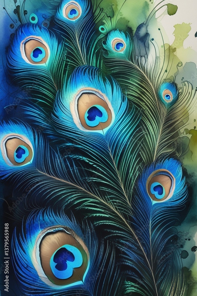 Obraz premium The watercolor painting features peacock feathers in intricate fractal patterns, capturing their natural beauty and adding depth with a recursive eye pattern.