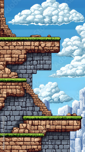 Pixel Art Ruins Landscape: Stone and Brick Platforms Against a Blue Sky