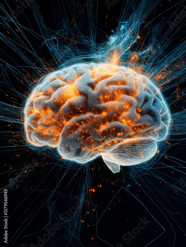 A vibrant visualization of a brain with neural connections illuminated in glowing orange and blue, representing ADHD and cognitive activity .