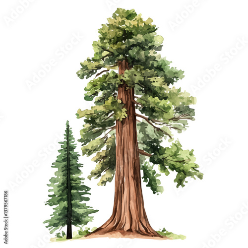A watercolor vector illustration of Sequoia tree, isolated on a white background.

