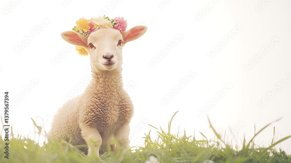Obraz premium Adorable young lamb with a floral crown resting in lush green grass on a bright sunny day, showcasing innocent charm and serene rural beauty
