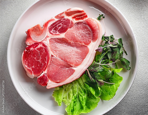 Fresh Raw Pork Chop on White Plate with Green Salad Garnish Ready for Cooking photo