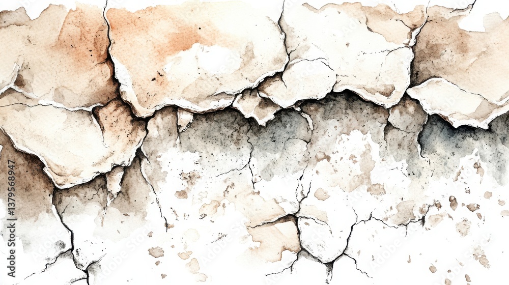 Obraz premium A textured watercolor depiction of cracked earth, showcasing varying shades of brown and beige, highlighting the effects of dryness and erosion.