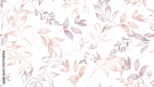 Floral seamless pattern features translucent leaves in shades of light brown and mauve on a white background. The flowers and leaves have a painterly, slightly abstract quality
