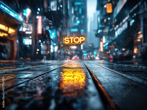 Neon stop sign glowing above wet street in futuristic rainy city with reflections on pavement.