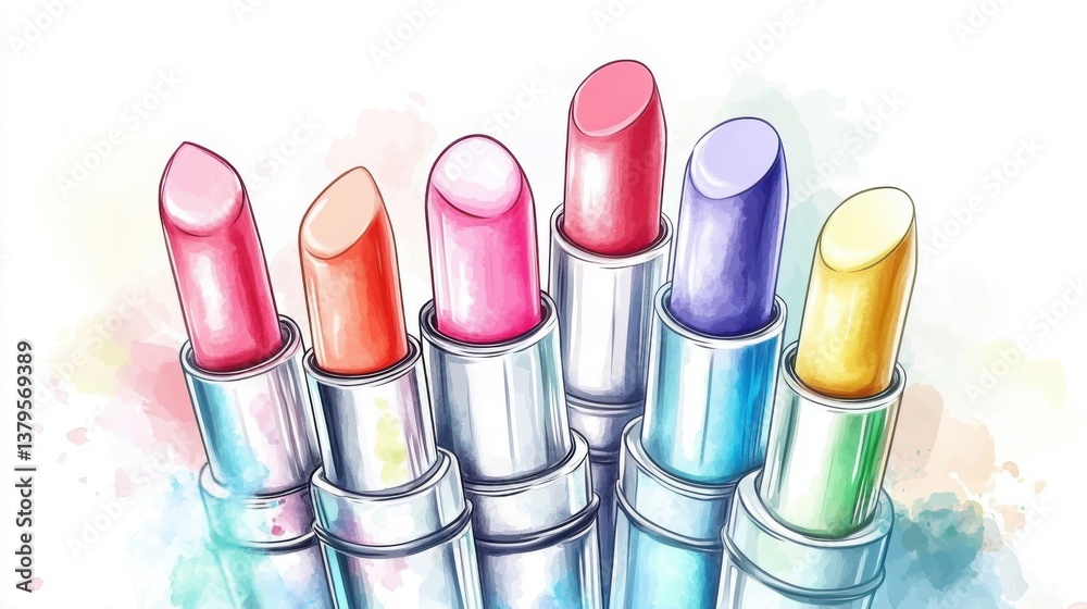 A colorful array of lipsticks arranged in a line, showcasing various shades with a soft watercolor background. A colorful array of lipsticks arranged in a line, showcasing various shades with a soft watercolor background.