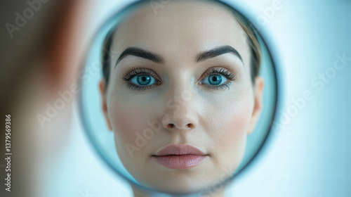 close up view of woman looking into mirror, showcasing her clear skin, striking blue eyes, and well defined eyebrows