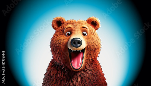 Whimisical Happy cartoon bear character vector illustration isolated on a blue gradient background