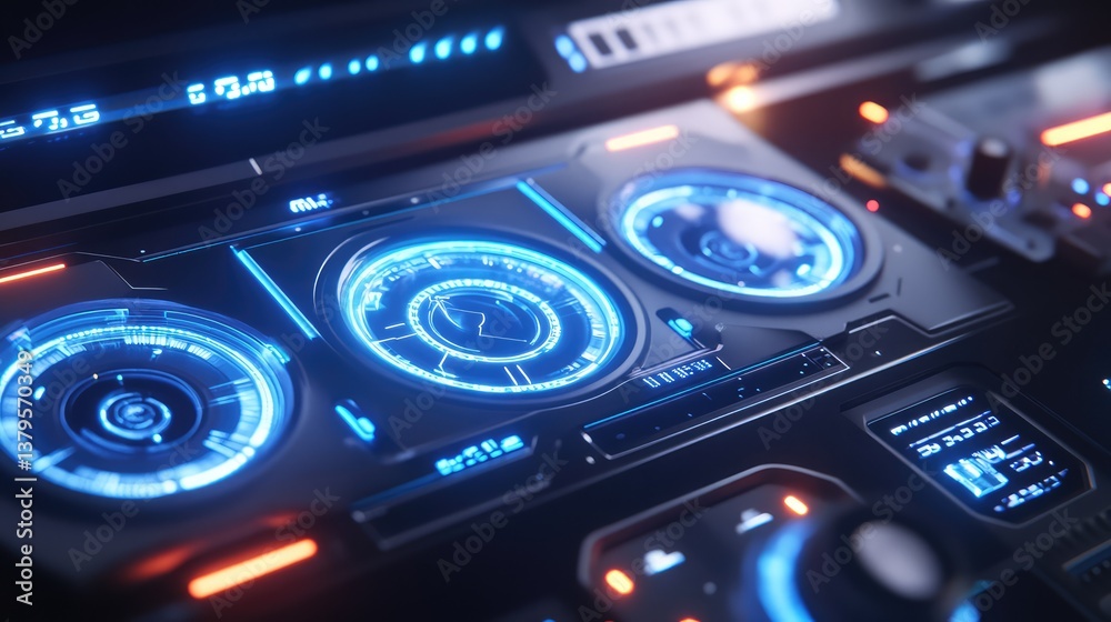 Futuristic engineering control panel with holographic elements, glowing blue circuits, and a digital interface. A modern technology and innovation background. Futuristic engineering control panel with holographic elements, glowing blue circuits, and a digital interface. A modern technology and innovation background.