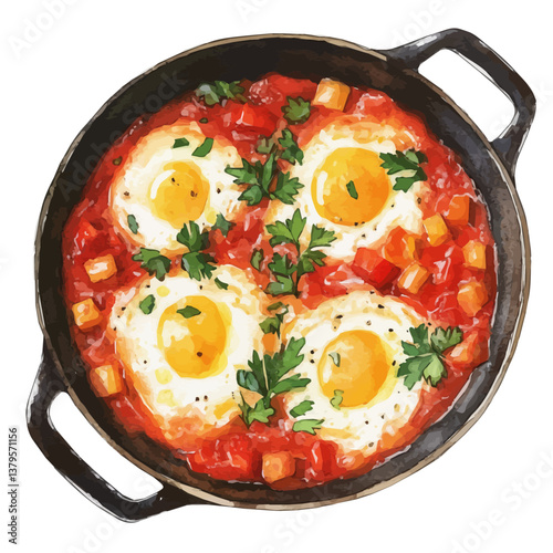 A watercolor vector illustration of Shakshuka, isolated on a white background.


