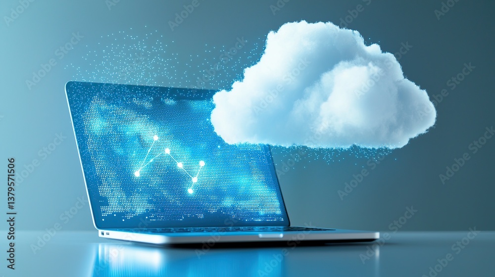 Digital cloud computing concept emerging from a laptop screen with data flow. Digital cloud computing concept emerging from a laptop screen with data flow.