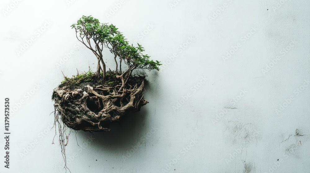 Fototapeta premium Miniature Bonsai Tree on Wall, Studio Shot, Minimalist, Zen Decor