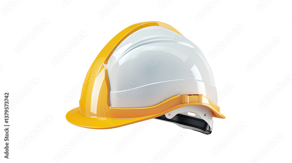 Fototapeta premium Safety First: A pristine white and yellow construction helmet, symbolizing protection, stands isolated, ready for work.