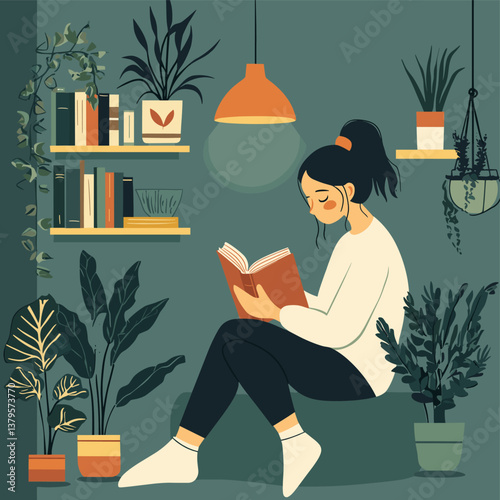 Woman reading a book in a cozy room surrounded by plants and bookshelves