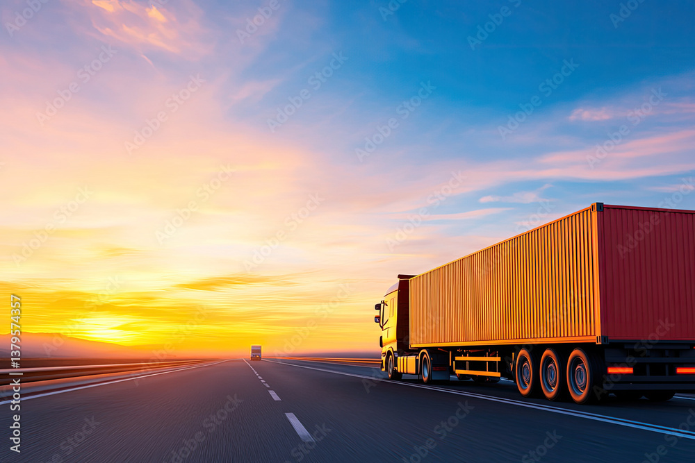 A lone semi-truck journeys towards a vibrant sunset, carrying goods across a vast highway, bathed in warm golden light and a hazy sky. A lone semi-truck journeys towards a vibrant sunset, carrying goods across a vast highway, bathed in warm golden light and a hazy sky.