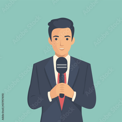 Male news reporter holding microphone in a professional suit, broadcasting concept