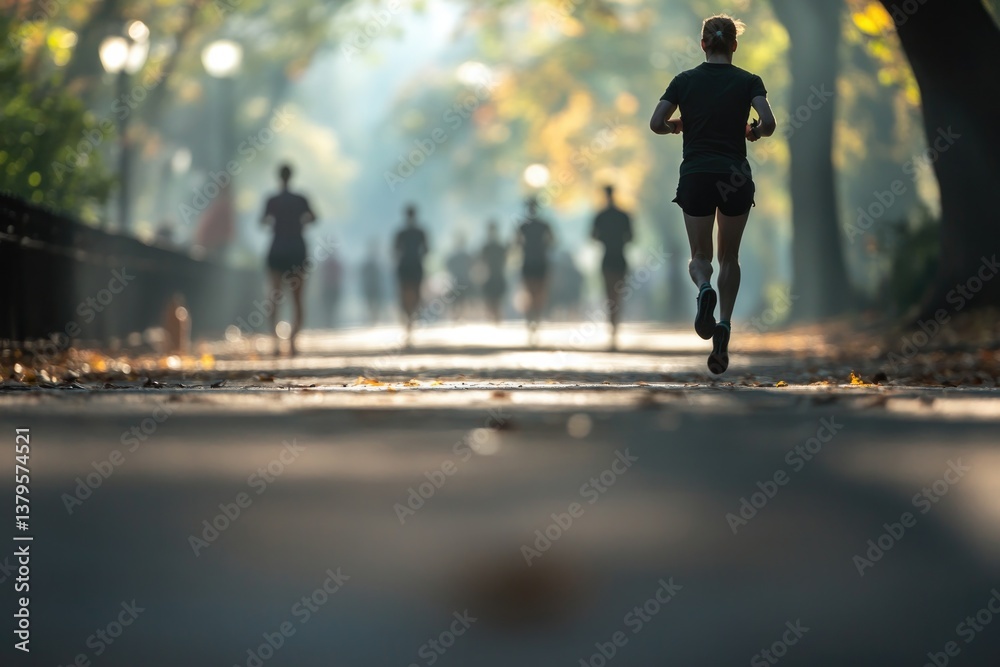 runner in silhouette mid-stride on sunny morning jogging path with blurred individuals in background emphasizing movement