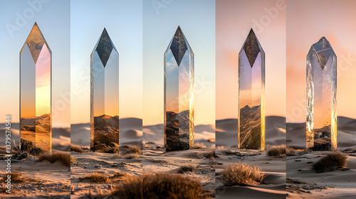 Reflective Crystal Monuments in a Desert at Sunset