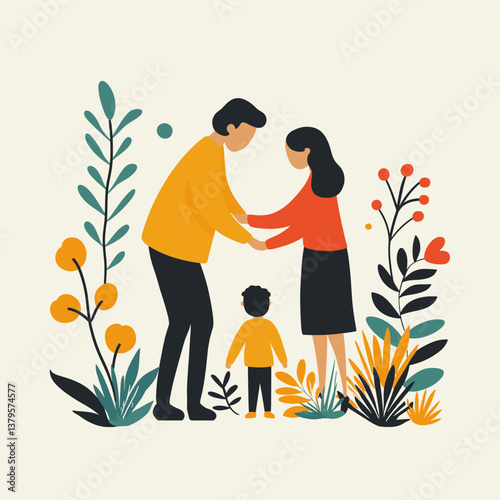 Happy family spending time together in a floral environment, holding hands