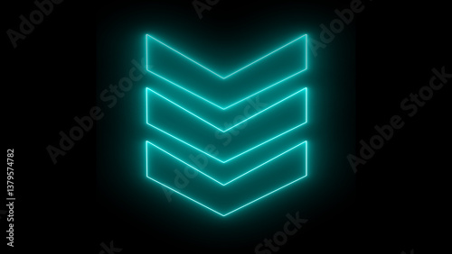 Glowing neon downward arrow direction icon. Abstract set of glowing neon arrows. up to down rendering