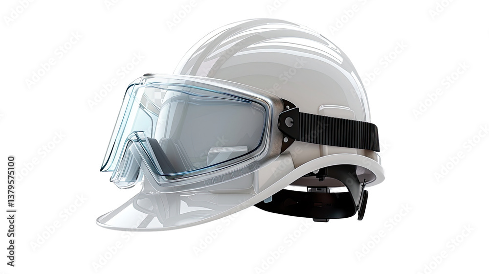 Fototapeta premium Safety Gear: A high-angle, studio-style photograph showcases a gleaming white safety helmet, paired with clear protective goggles.