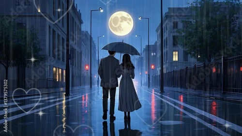 lofi love couple night love rain with umbrella full moon 4k video girl in the night