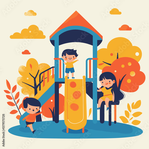 Happy Children Playing on Playground Slide Surrounded by Autumn Trees