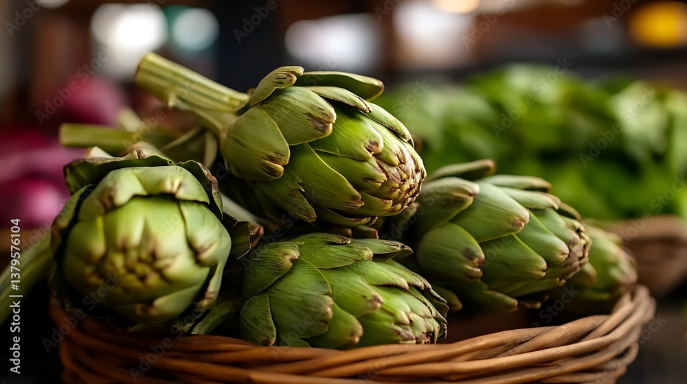 Obraz premium Fresh Artichokes at Farmers Market Basket.