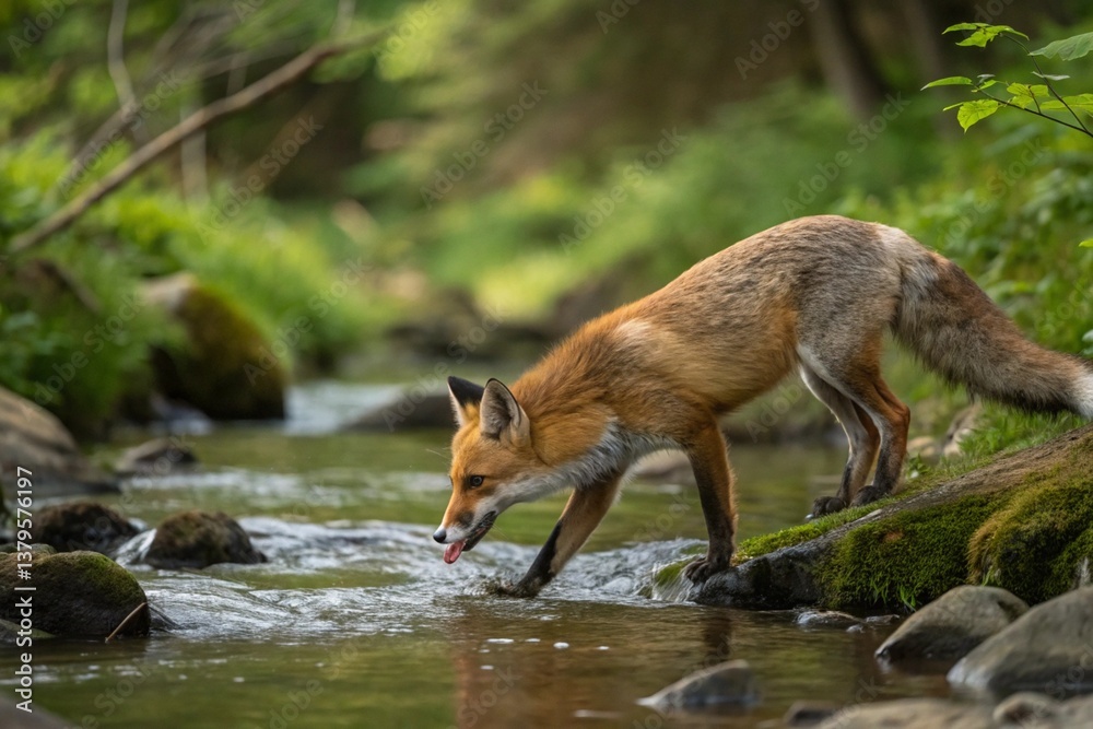 Fototapeta premium Red fox, Vulpes vulpes, drinks fresh water from forest brook. Vixen showing pink tongue-generated by ai