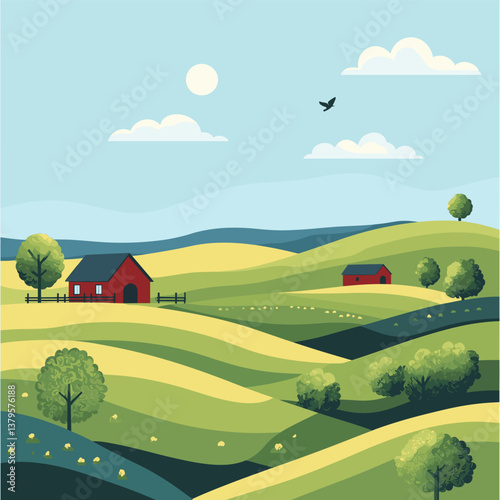 Scenic Countryside Landscape with Rolling Hills, Trees, and Red Farmhouses