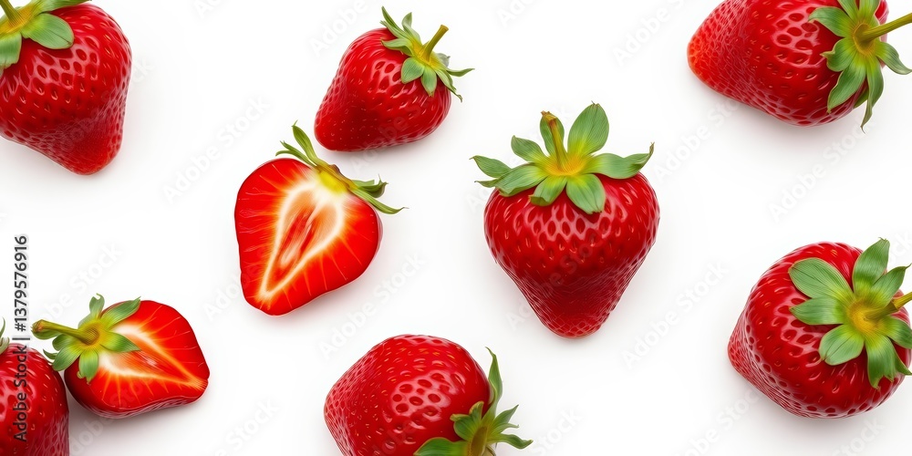 Luscious, retouched whole and halved strawberries isolated on pure white background, culinary, fruit Luscious, retouched whole and halved strawberries isolated on pure white background, culinary, fruit