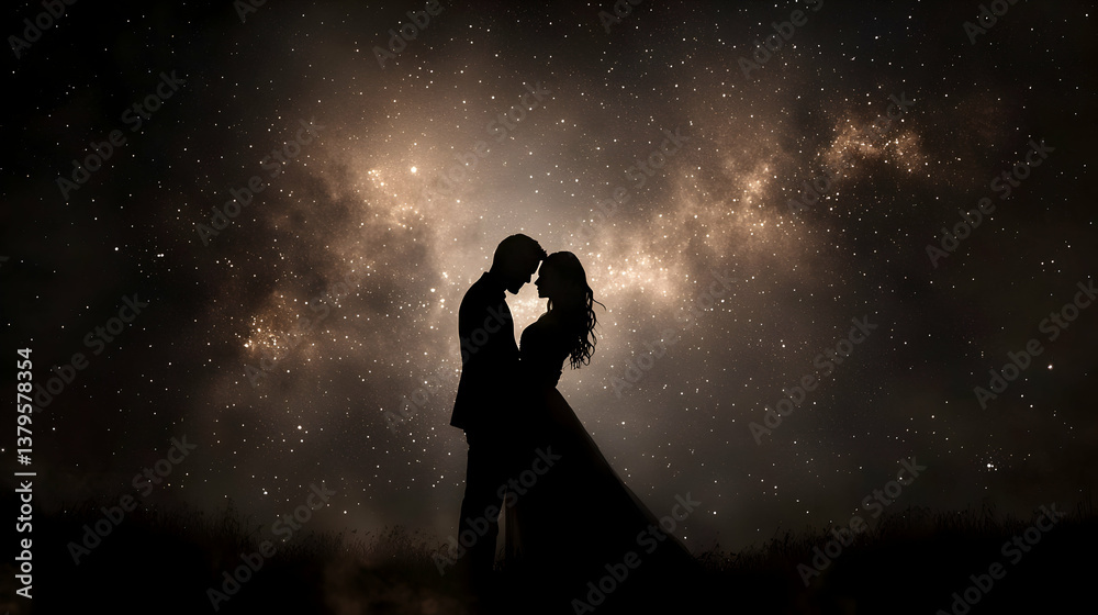 Silhouette of a Couple Embracing Under a Starry Night Sky Silhouette of a Couple Embracing Under a Starry Night Sky