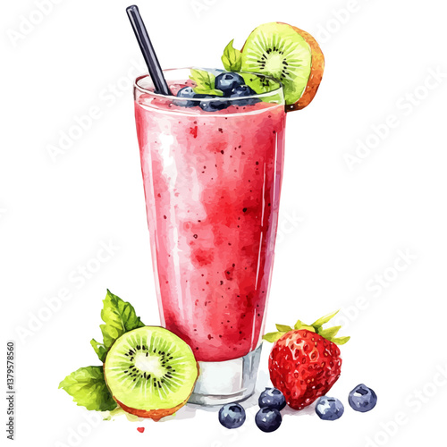 A watercolor vector illustration of Smoothie Berry Green Tropical, isolated on a white background.

