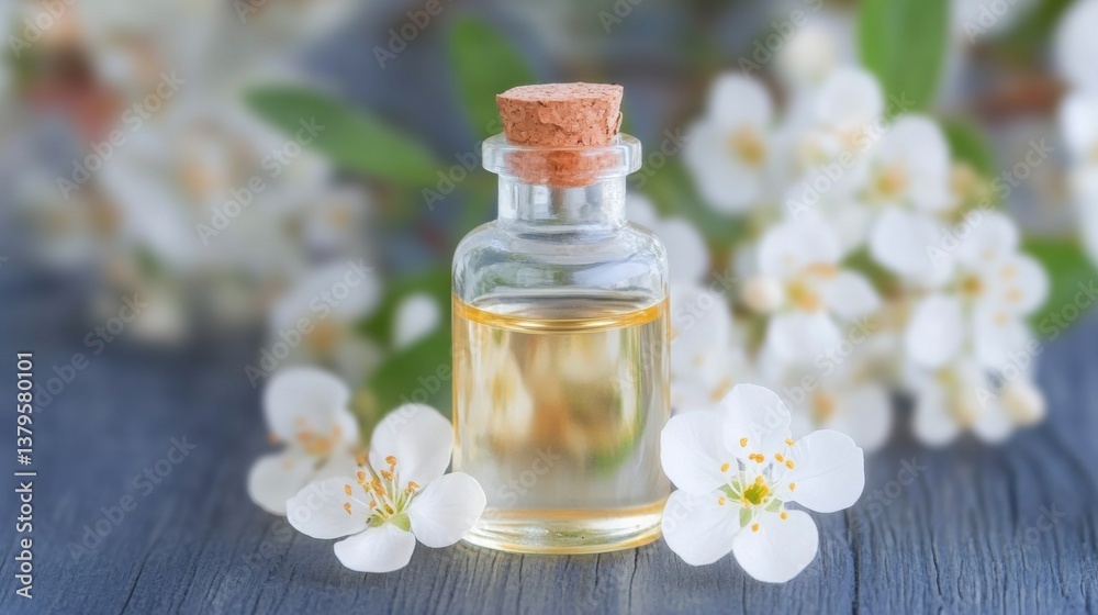A clear glass bottle with a cork lid holds essential oil, placed among fresh white blossoms on a wooden table, creating a serene atmosphere A clear glass bottle with a cork lid holds essential oil, placed among fresh white blossoms on a wooden table, creating a serene atmosphere