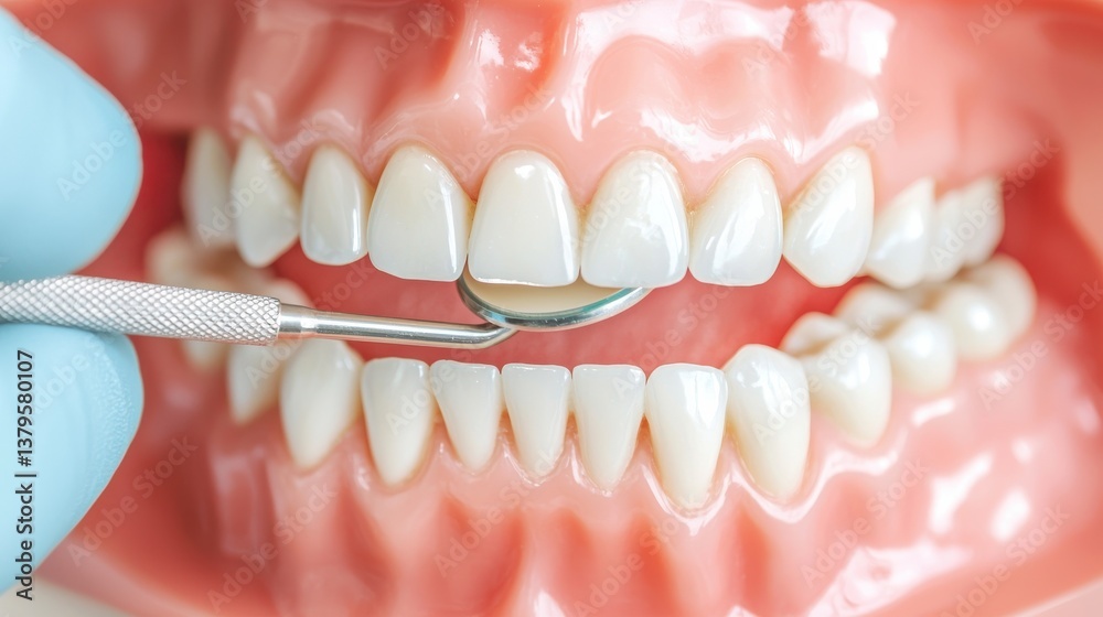 Fototapeta premium Close up view of a detailed dental model being inspected and examined by a pair of gloved hands showcasing the precision and care involved in dental healthcare procedures and treatments