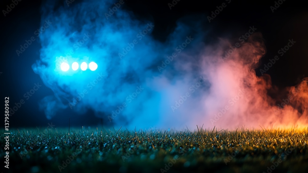 Fototapeta premium Night Stadium Blue Orange Smoke with Spotlight Glow.