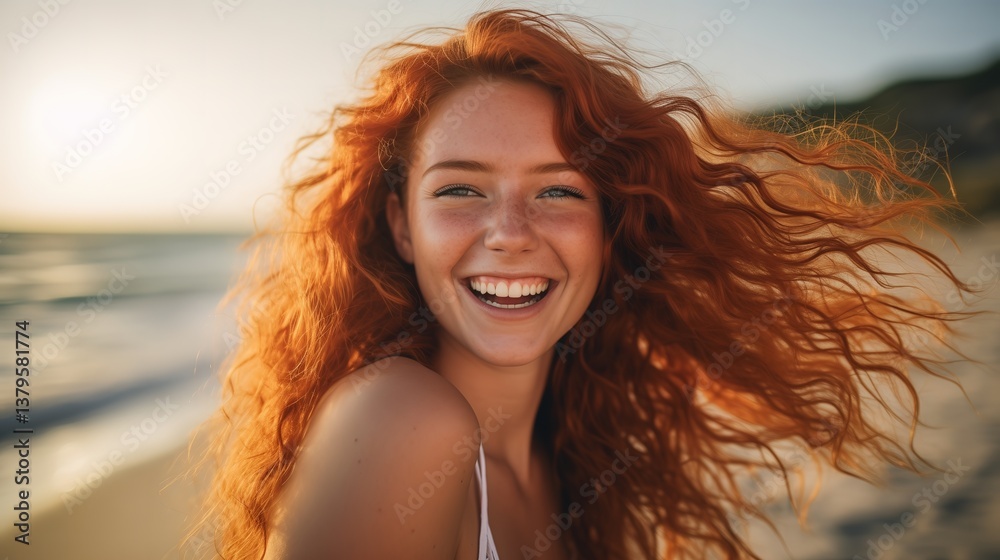 Portrait of a happy young woman with vibrant red hair, laughing freely on a sunny beach at sunset, enjoying the summer Portrait of a happy young woman with vibrant red hair, laughing freely on a sunny beach at sunset, enjoying the summer
