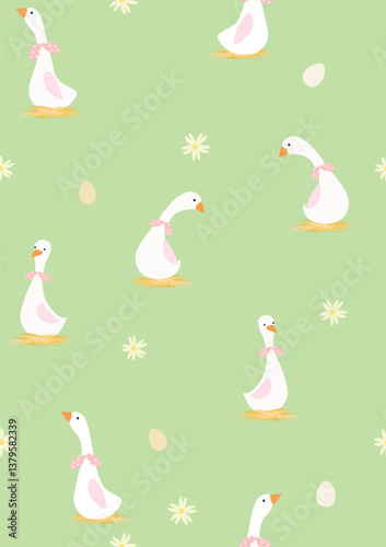 A white goose with a pink polka dot bow is hatching eggs on a pile of straw. The goose has various poses, eggs and daisies on a bright green background.
